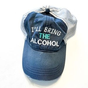 “I’ll Bring the Alcohol” Women’s Blue and White Distressed Trucker Cap